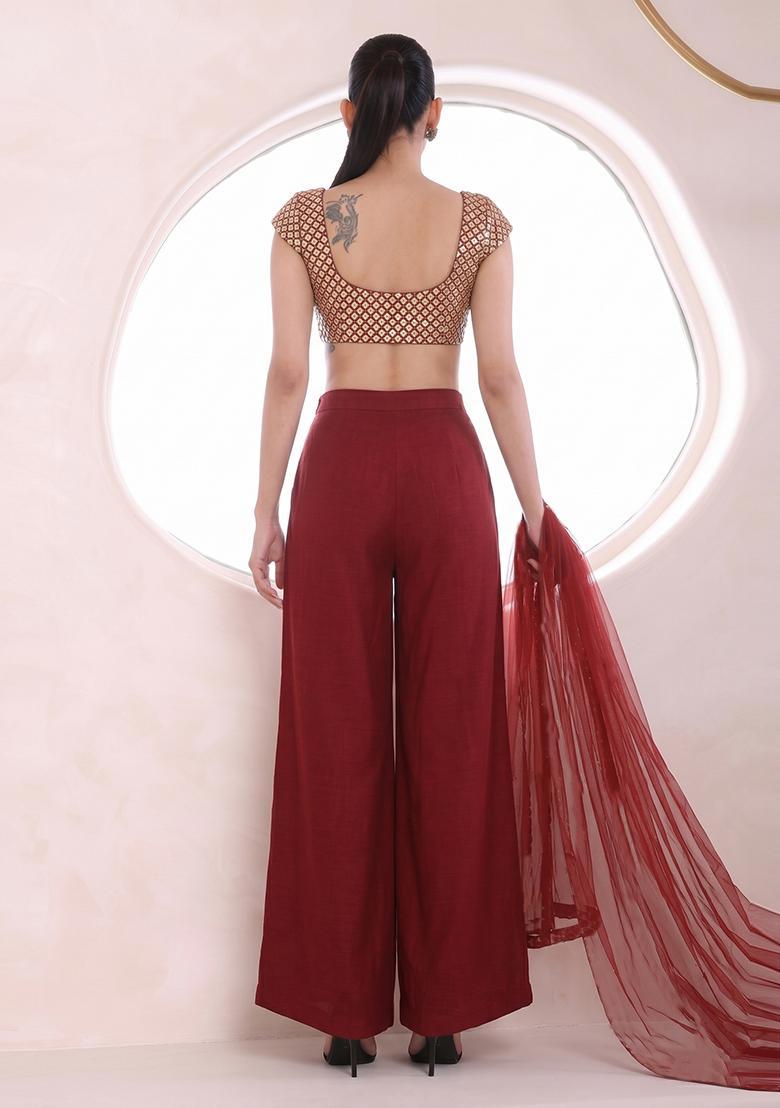 Maroon Red Embroidered Fusion Set - Indya