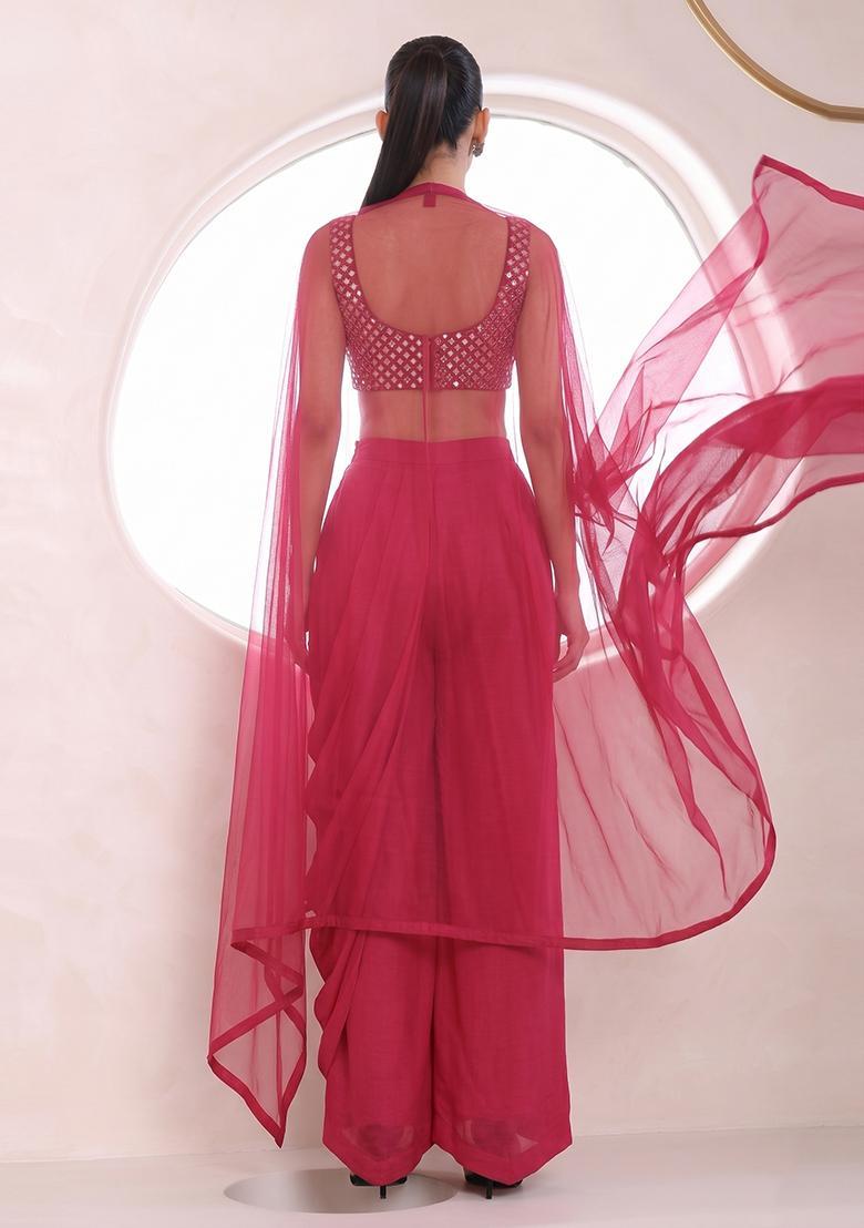Magenta Pink Mirror Work Fusion Set - Indya