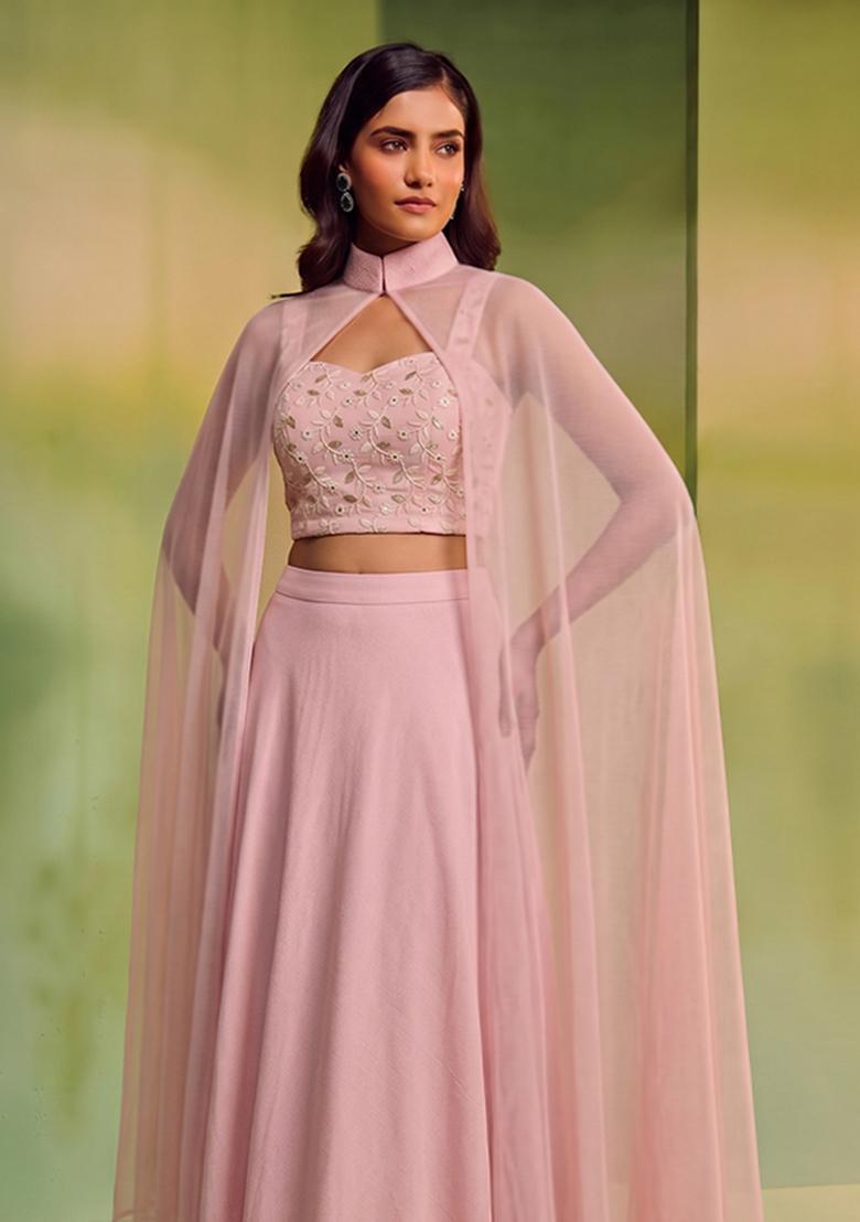 Pastel Pink Embroidered Lehenga Set - Indya