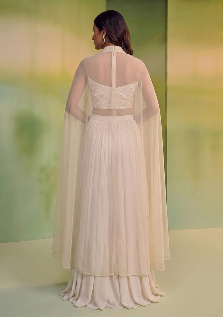 Off White Embroidered Lehenga Set - Indya