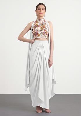 White Embroidered Crepe Fusion Set