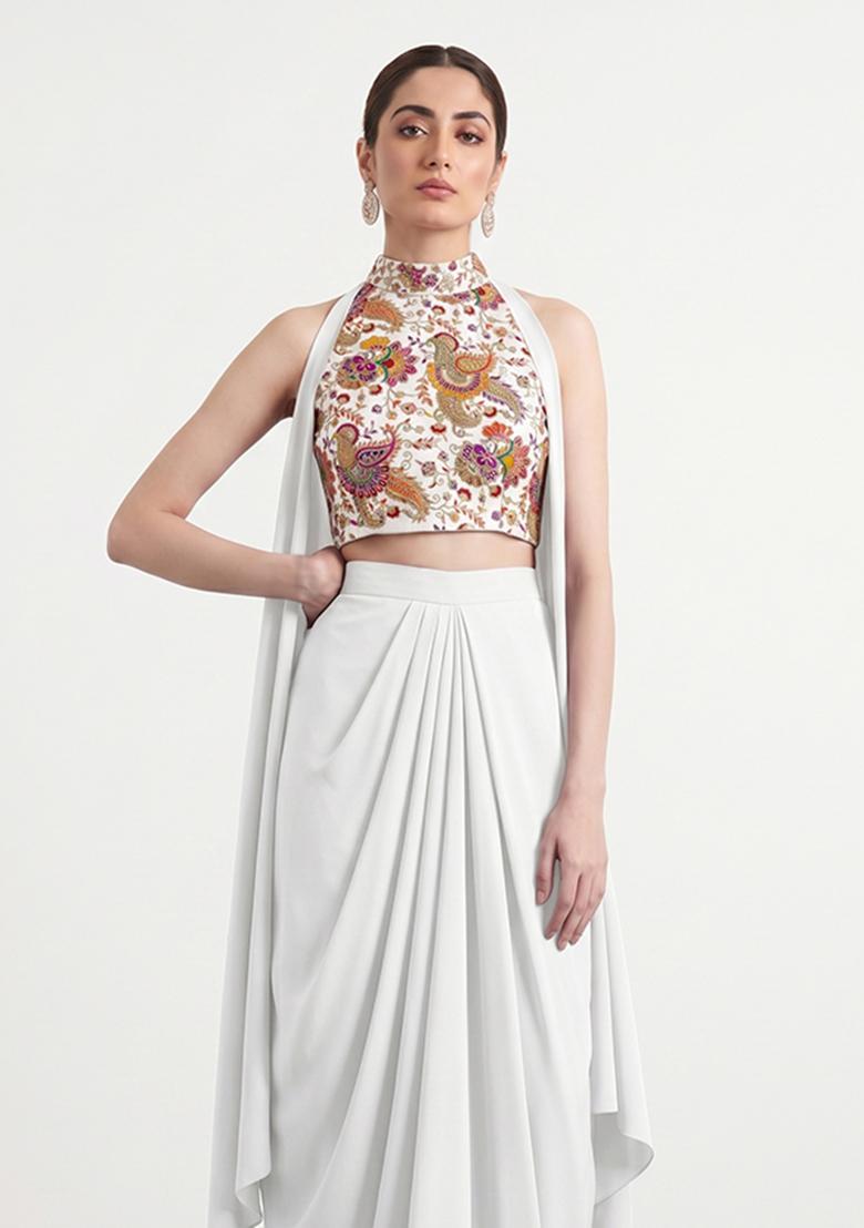 White Embroidered Crepe Fusion Set - Indya