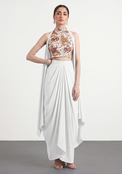 White Embroidered Crepe Fusion Set