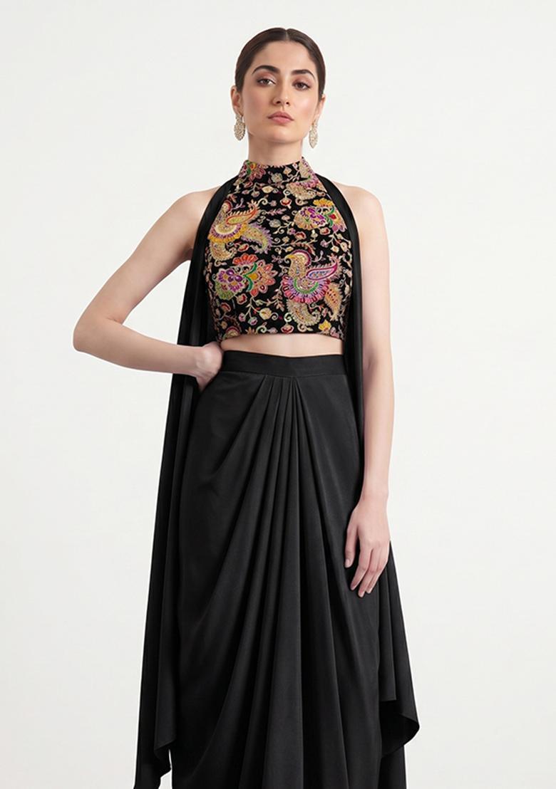 Jet Black Embroidered Crepe Fusion Set - Indya