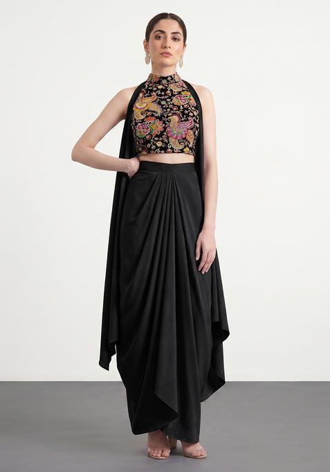 Jet Black Embroidered Crepe Fusion Set