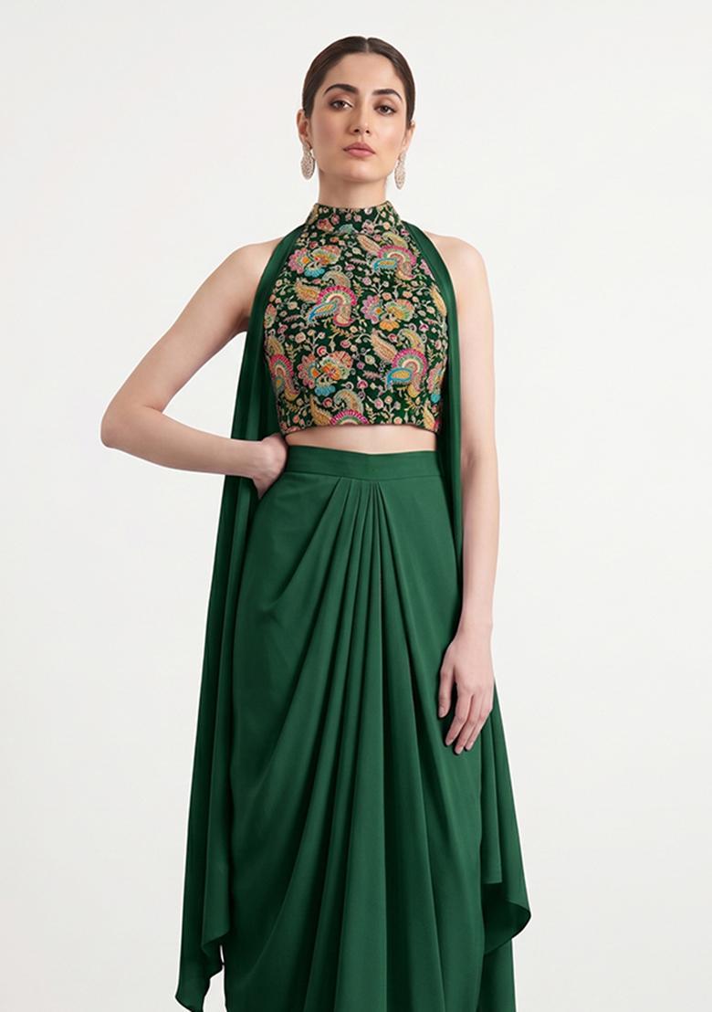 Emerald Green Embroidered Crepe Fusion Set - Indya
