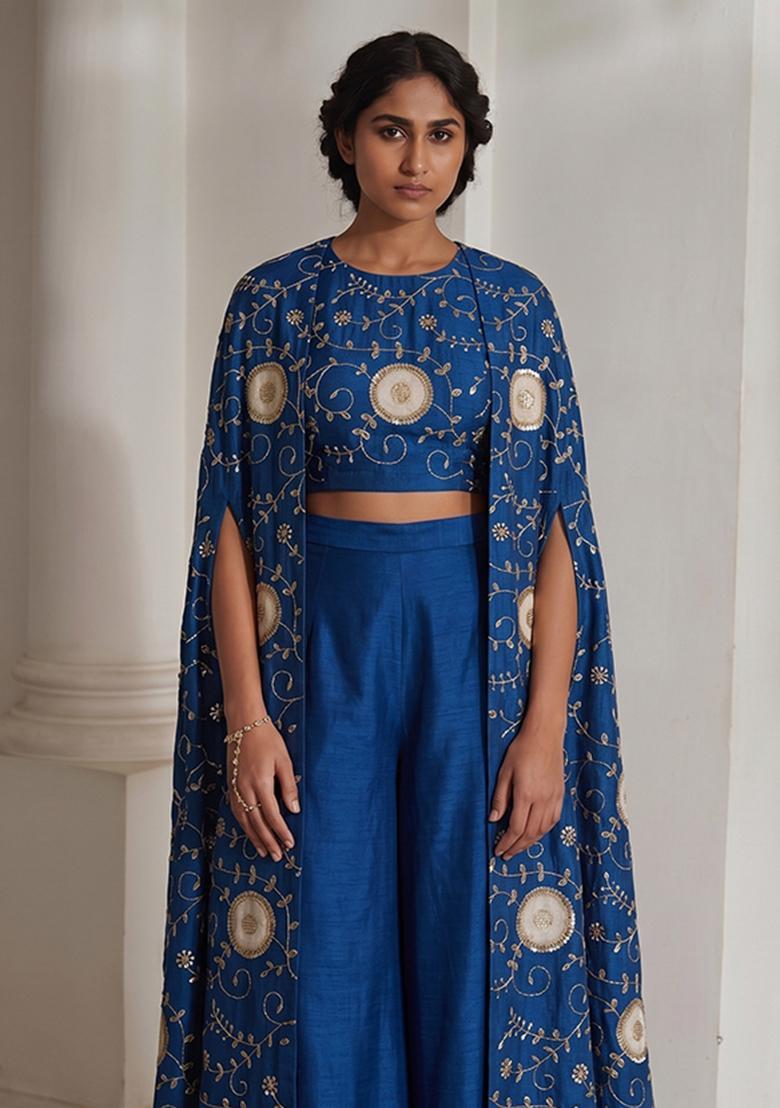 Royal Blue Embroidered Fusion Set - Indya