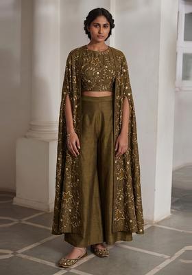 Olive Green Embroidered Fusion Set
