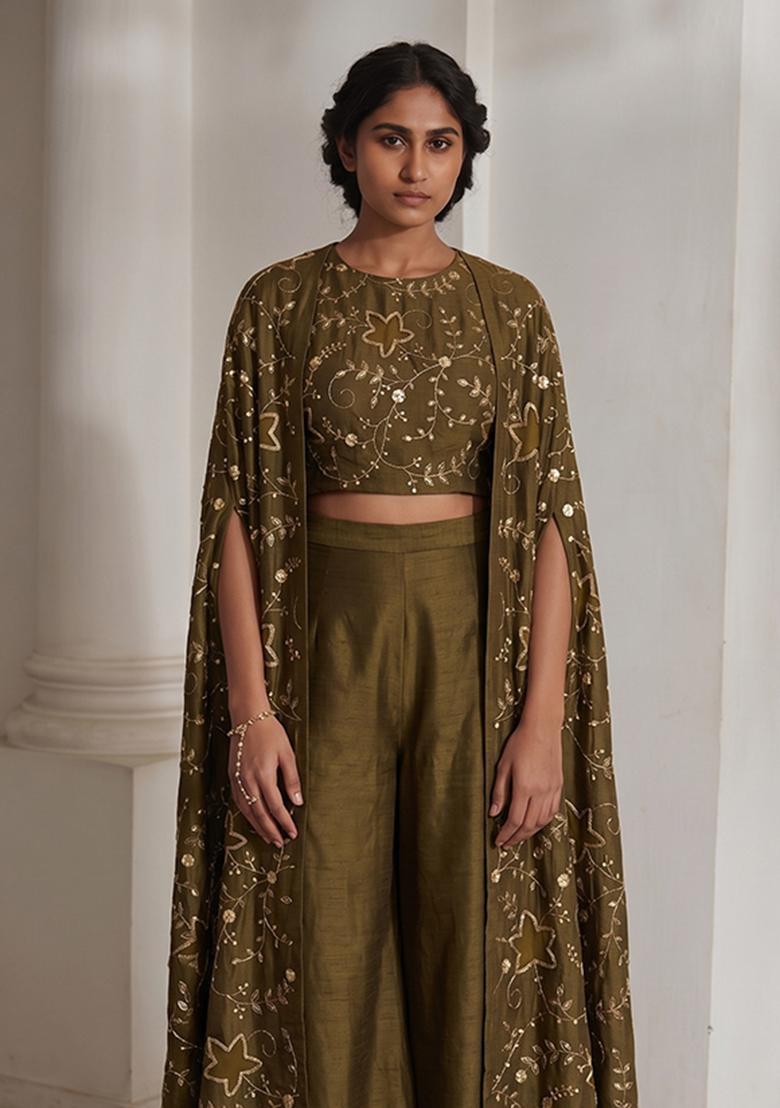 Olive Green Embroidered Fusion Set - Indya