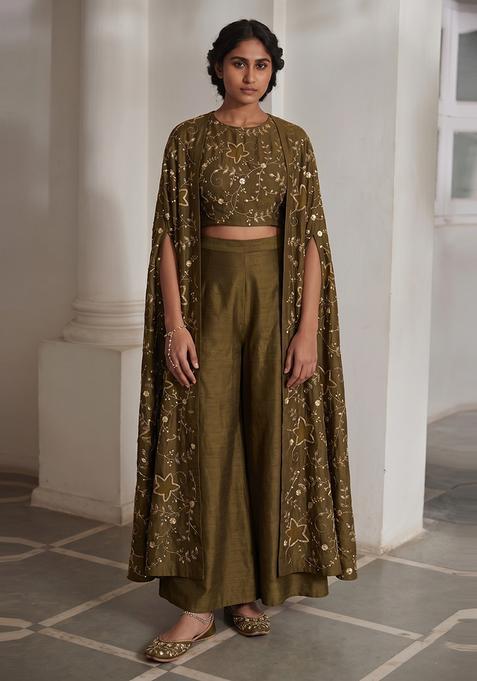 Olive Green Embroidered Fusion Set