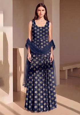 Navy Blue Jacquard Brocade Sharara Set
