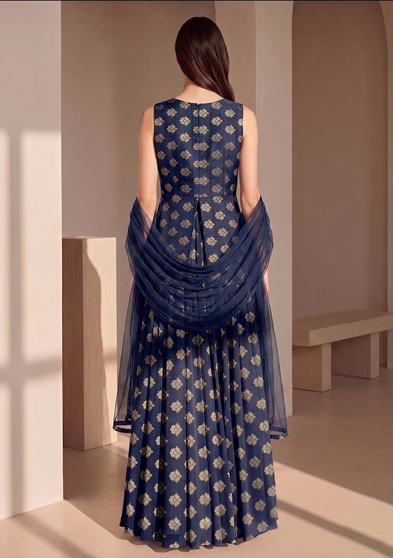 Navy Blue Jacquard Brocade Sharara Set - Indya