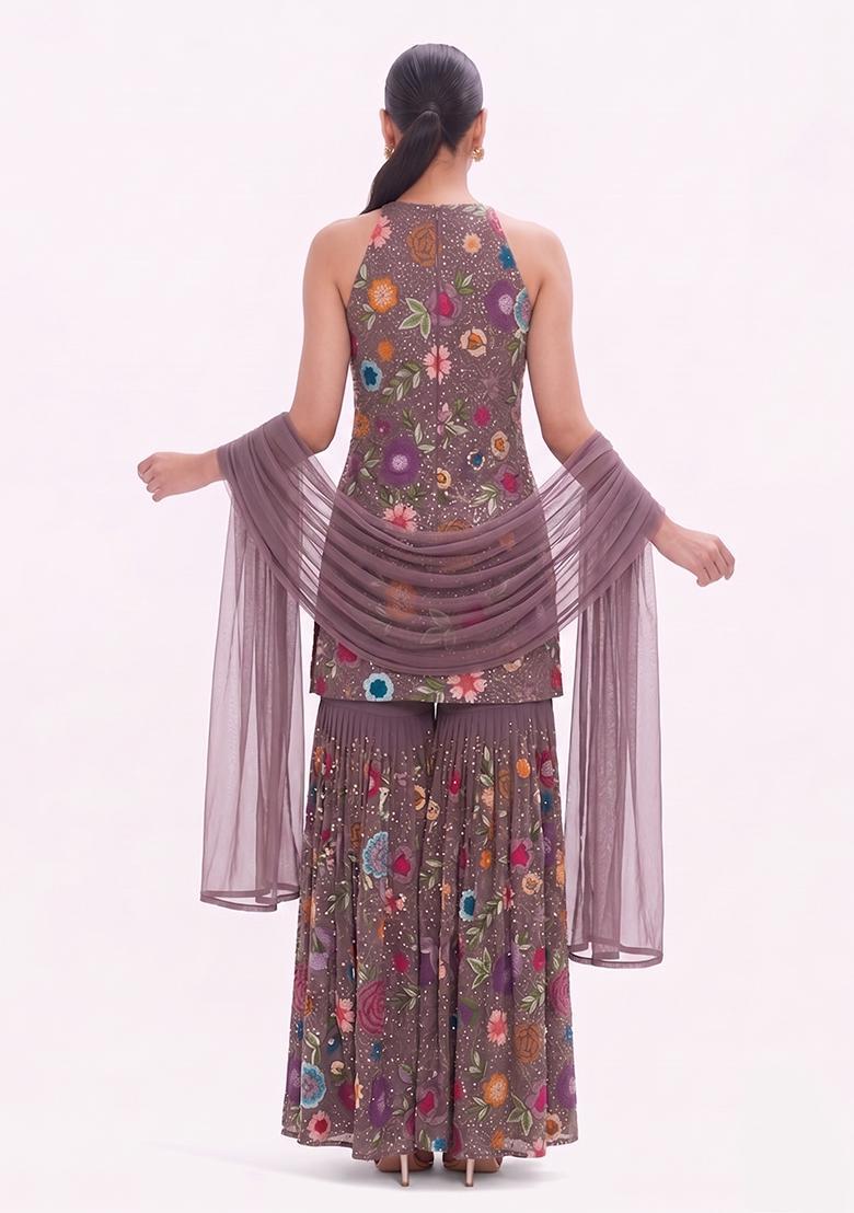 Multicolor Embroidered Georgette Sharara Set - Indya