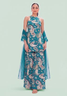 Teal Printed Crepe Sharara Set