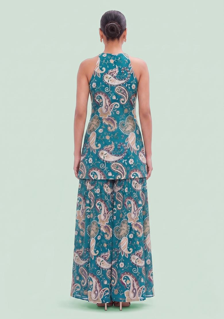 Teal Printed Crepe Sharara Set - Indya