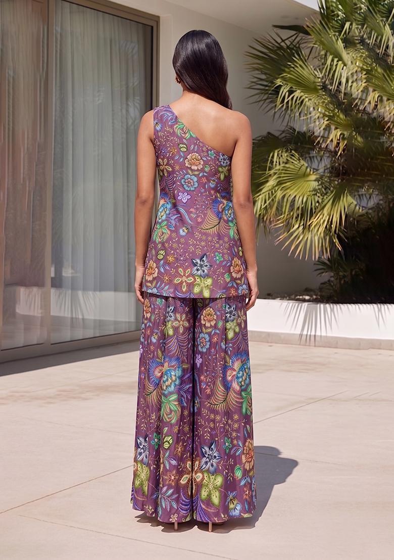 Purple Printed Chinon Fusion Set - Indya