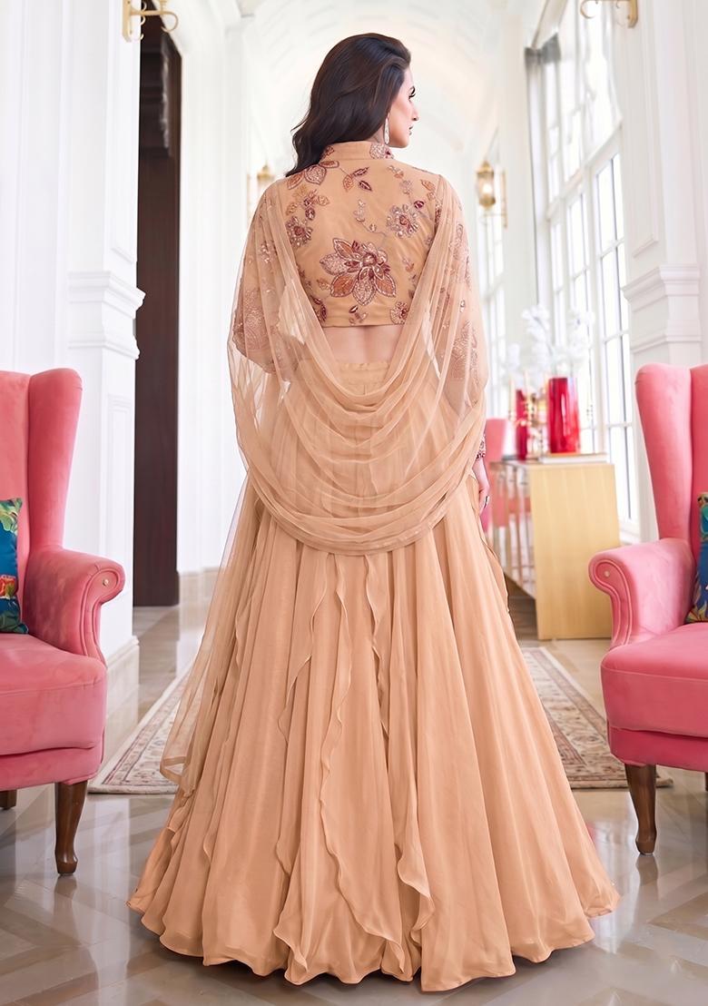 Peach Printed Organza Lehenga Set - Indya
