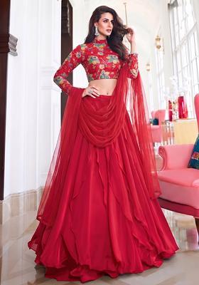 Deep Red Printed Organza Lehenga Set