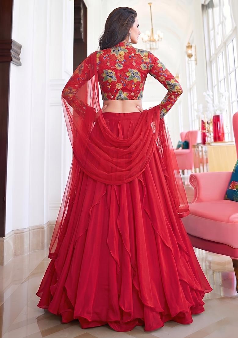 Deep Red Printed Organza Lehenga Set - Indya
