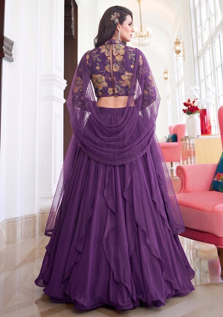 Deep Purple Printed Organza Lehenga Set - Indya
