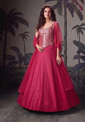 Rani Pink Embroidered Brocade Lehenga Set