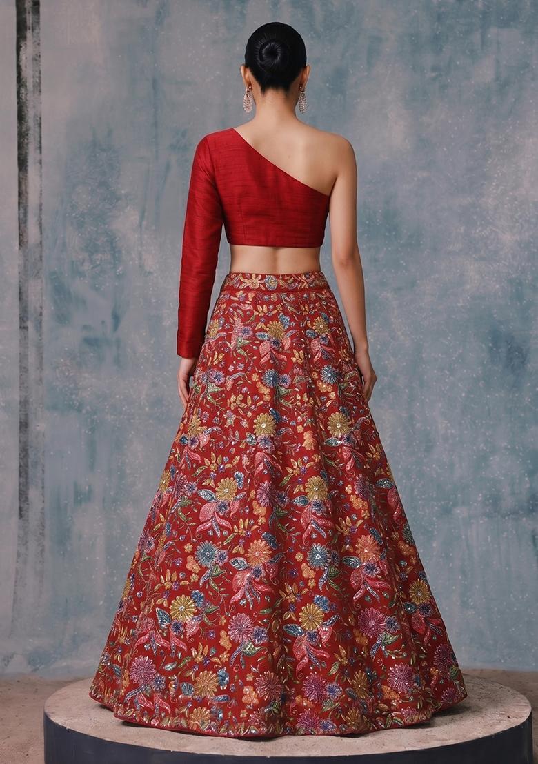 Crimson Red Printed Crepe Lehenga Set - Indya