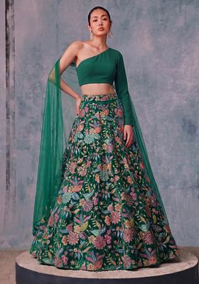 Emerald Green Printed Crepe Lehenga Set