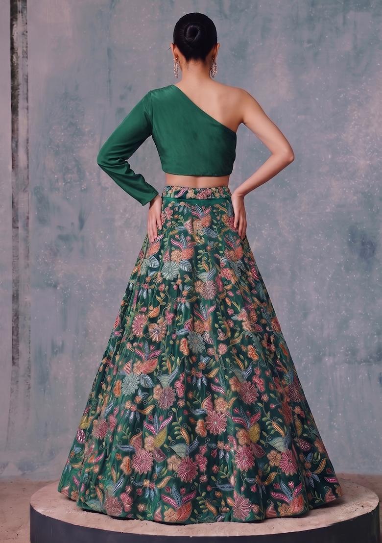 Emerald Green Printed Crepe Lehenga Set - Indya