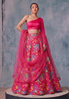 Fuchsia Pink Printed Crepe Lehenga Set