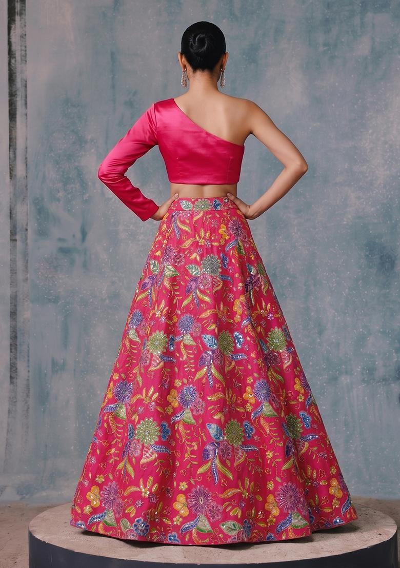 Fuchsia Pink Printed Crepe Lehenga Set - Indya