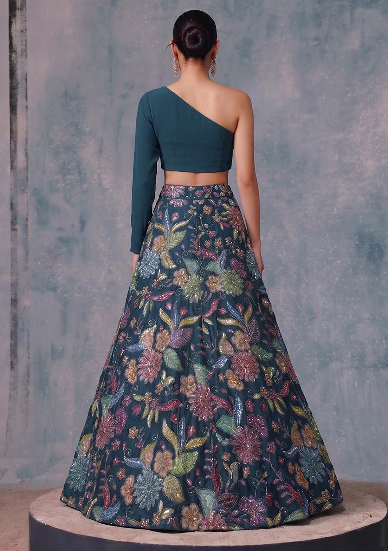 Teal Blue Printed Crepe Lehenga Set - Indya