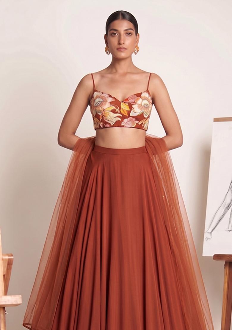 Rust Brown Printed Chinon Lehenga Set - Indya