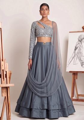 Steel Grey Mirror Work Silk Blend Lehenga Set