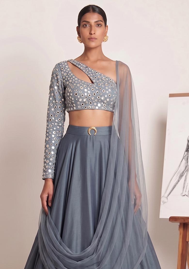 Steel Grey Mirror Work Silk Blend Lehenga Set - Indya