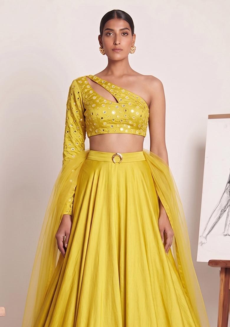 Yellow Mirror Work Silk Blend Lehenga Set - Indya
