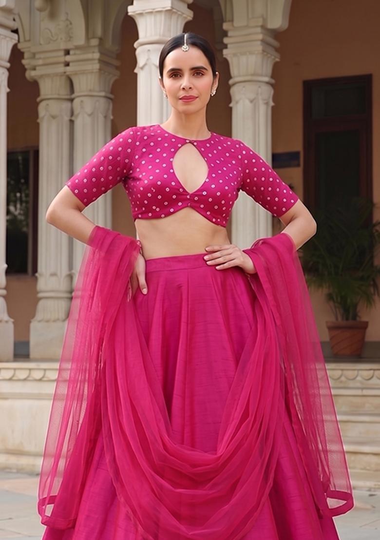 Rani Pink Printed Silk Blend Lehenga Set - Indya
