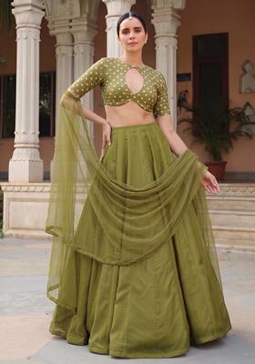 Olive Green Printed Silk Blend Lehenga Set