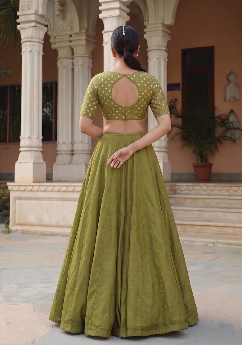 Olive Green Printed Silk Blend Lehenga Set - Indya