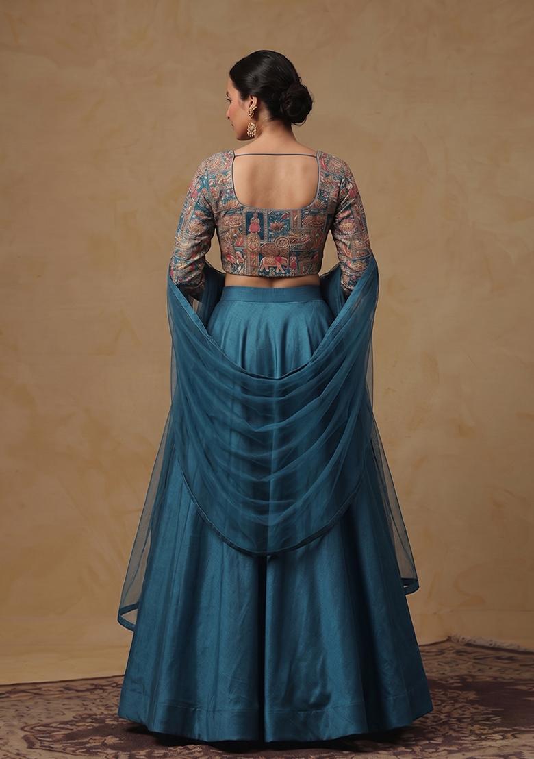 Teal Blue Silk Blend Lehenga Set - Indya