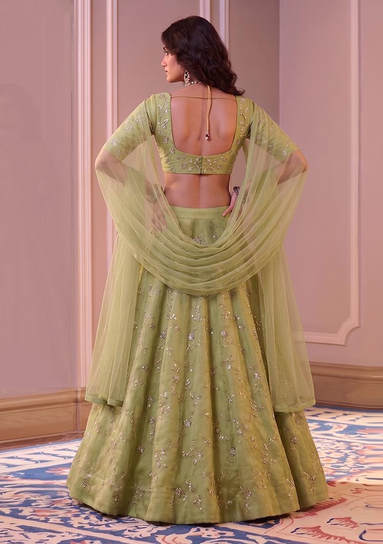 Olive Green Embroidered Organza Lehenga Set - Indya