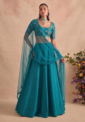 Teal Blue Embroidered Crepe Lehenga Set