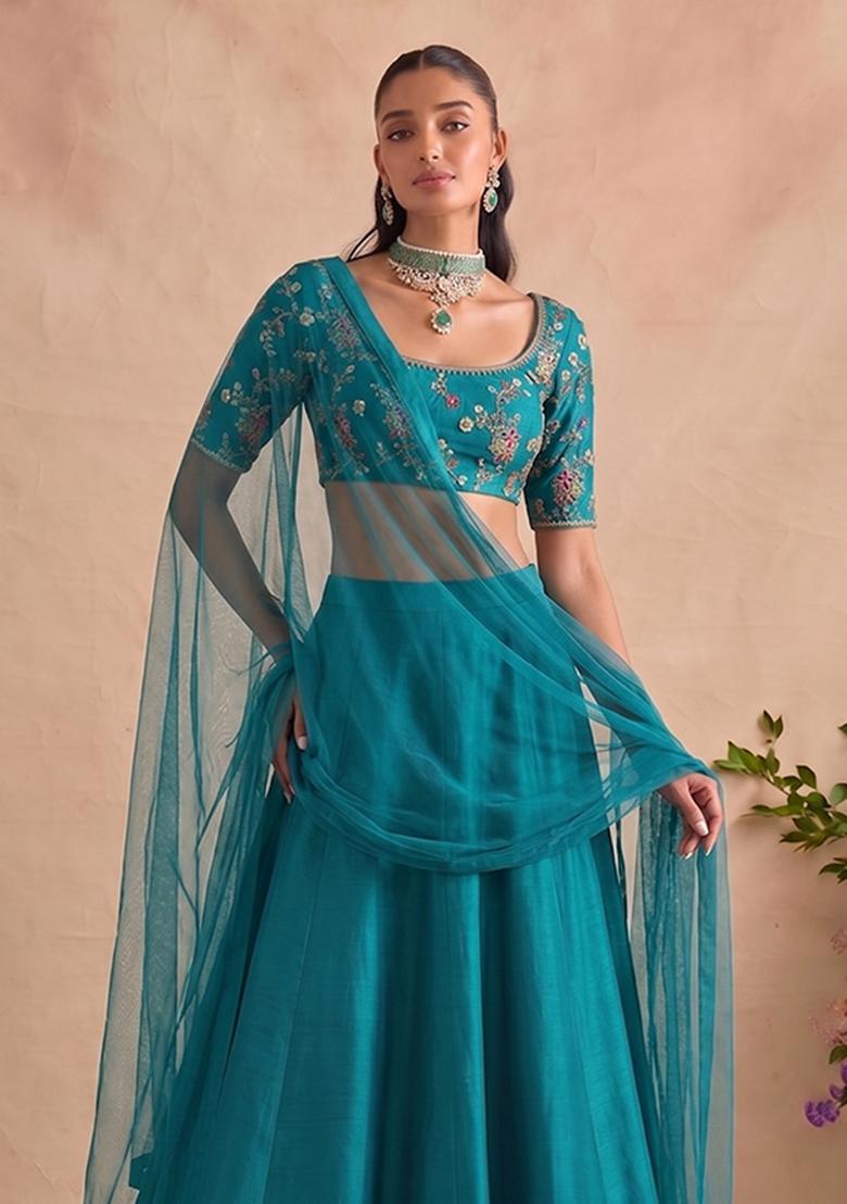 Teal Blue Embroidered Crepe Lehenga Set - Indya