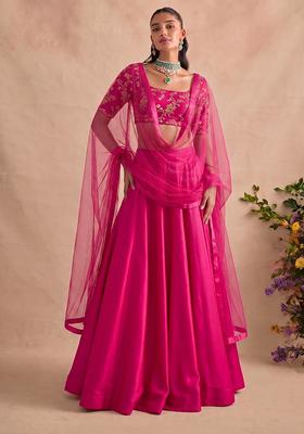 Fuchsia Pink Embroidered Crepe Lehenga Set