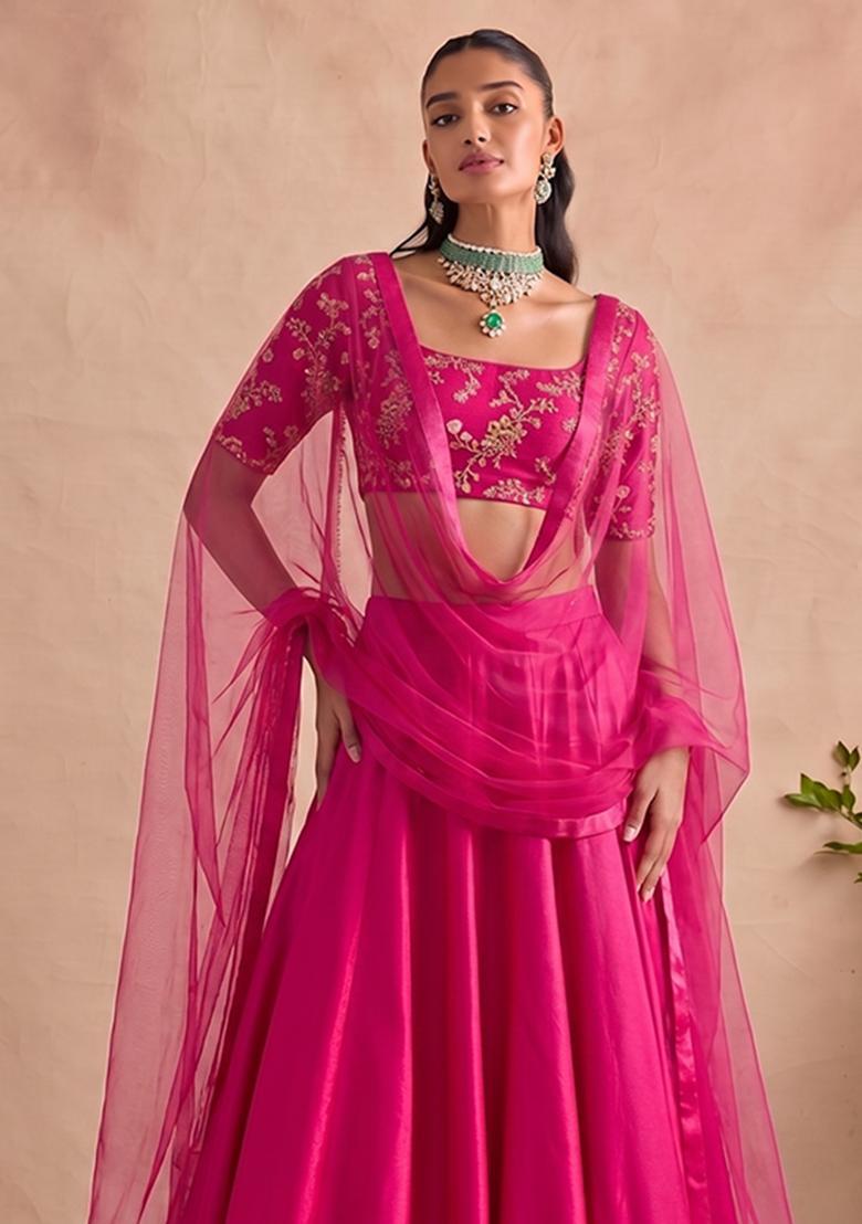 Fuchsia Pink Embroidered Crepe Lehenga Set - Indya