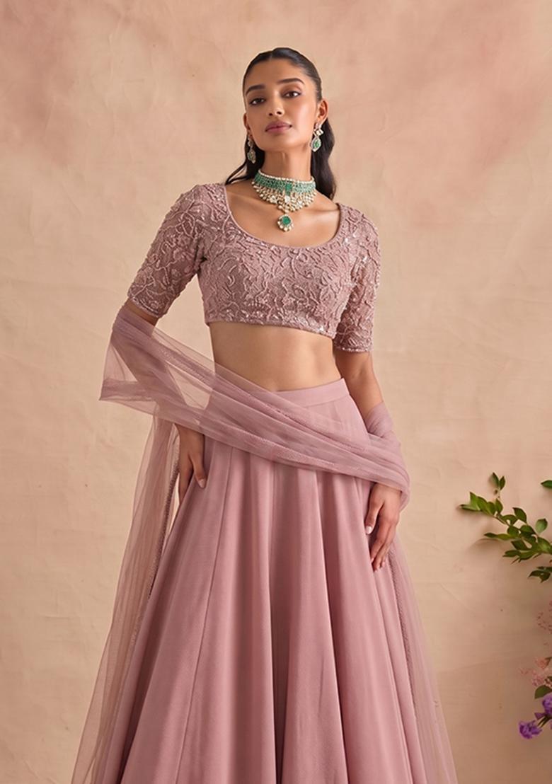 Dusty Mauve Embroidered Net Lehenga Set - Indya