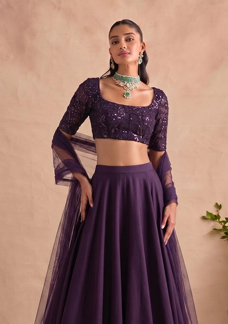 Deep Purple Embroidered Net Lehenga Set - Indya