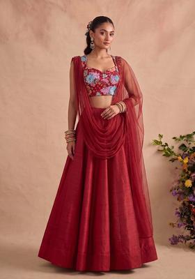 Crimson Red Printed Crepe Lehenga Set