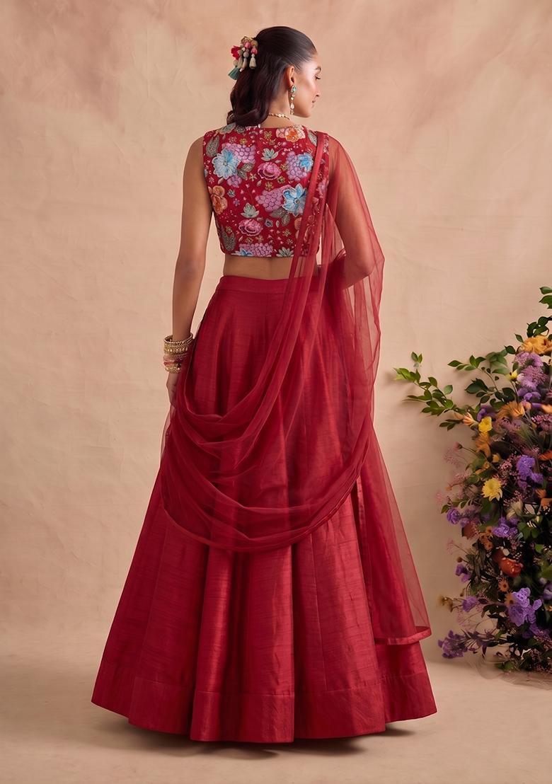 Crimson Red Printed Crepe Lehenga Set - Indya