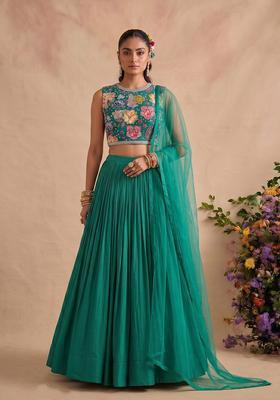 Emerald Green Printed Crepe Lehenga Set