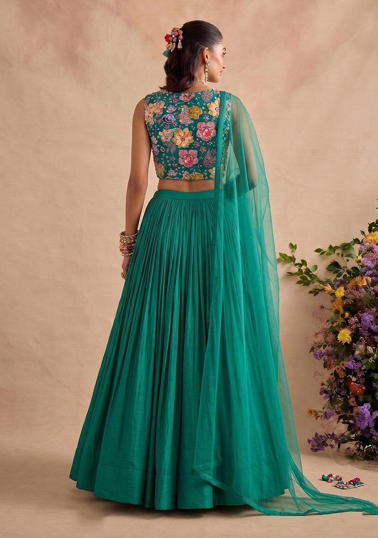 Emerald Green Printed Crepe Lehenga Set - Indya